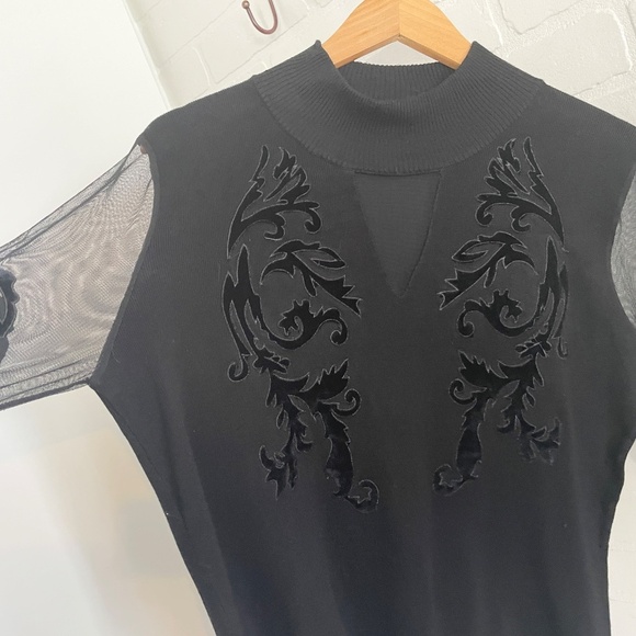 Vintage Y2K Knit Sweater Sheer mesh Burnout Velvet sleeve Damask Goth Black L - Picture 15 of 15